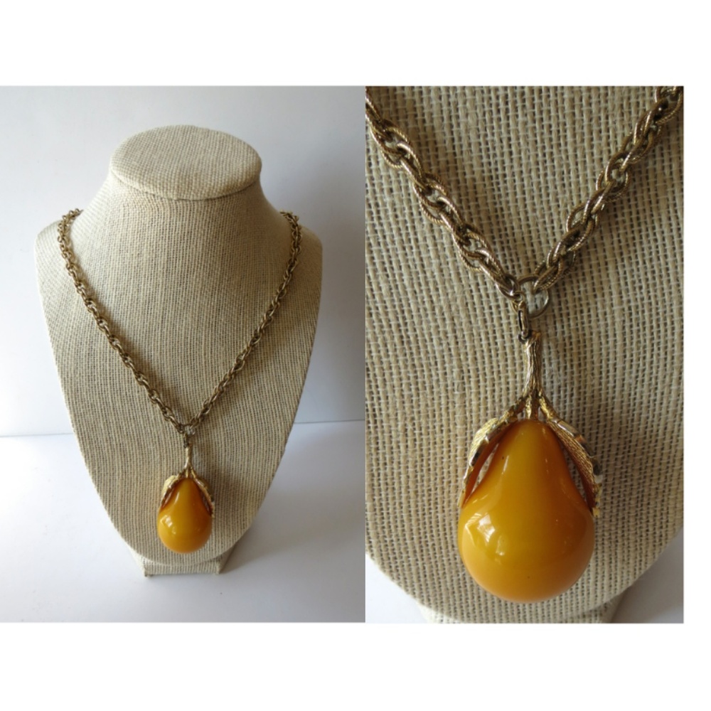 Vintage Pear Pendant Necklace Costume Jewelry